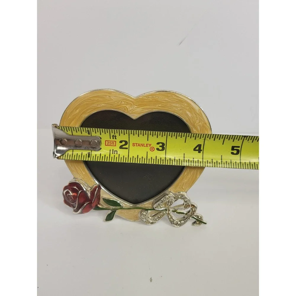 Gorham 1831 Heart Picture Frame Silver Tone Red Rose Rhinestone Bow Enameled